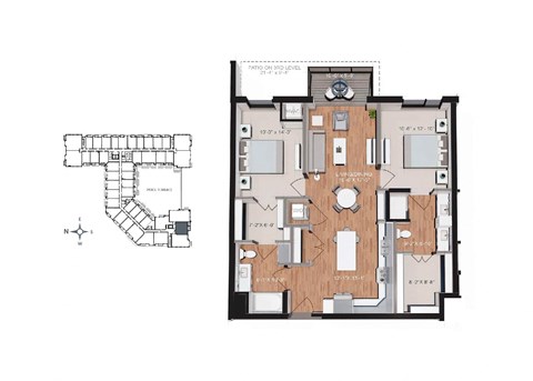 Floor plan for 2 beds, 2 baths, 1061 sqft